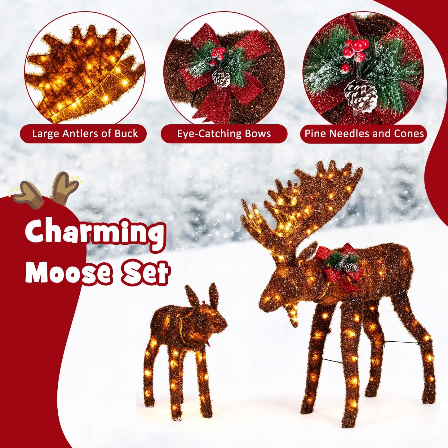 Tangkula 2-Piece Lighted Christmas Moose Family Set, Light-Up Reindeers with 170 Warm White LED Lights