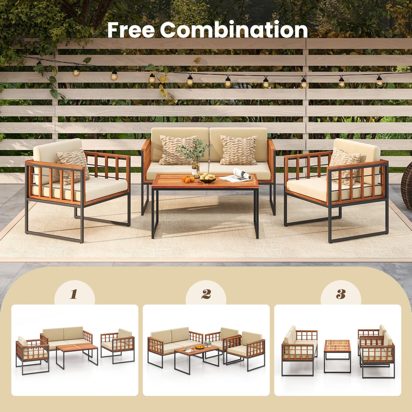 Tangkula Acacia Wood Outdoor Sofa Set, 4 Pieces Outdoor Furniture Set with Heavy Duty Metal Frame