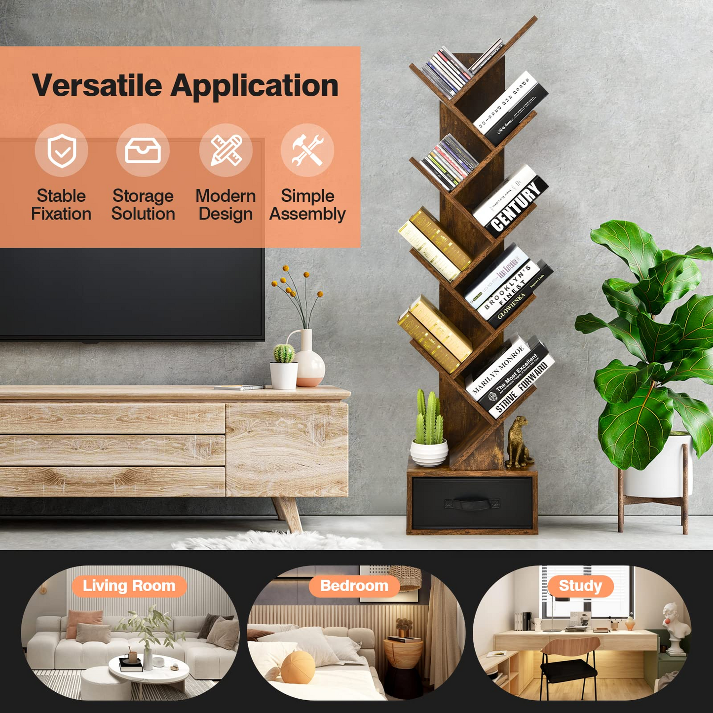 Tangkula 10 Tier Tree Bookshelf with Drawer