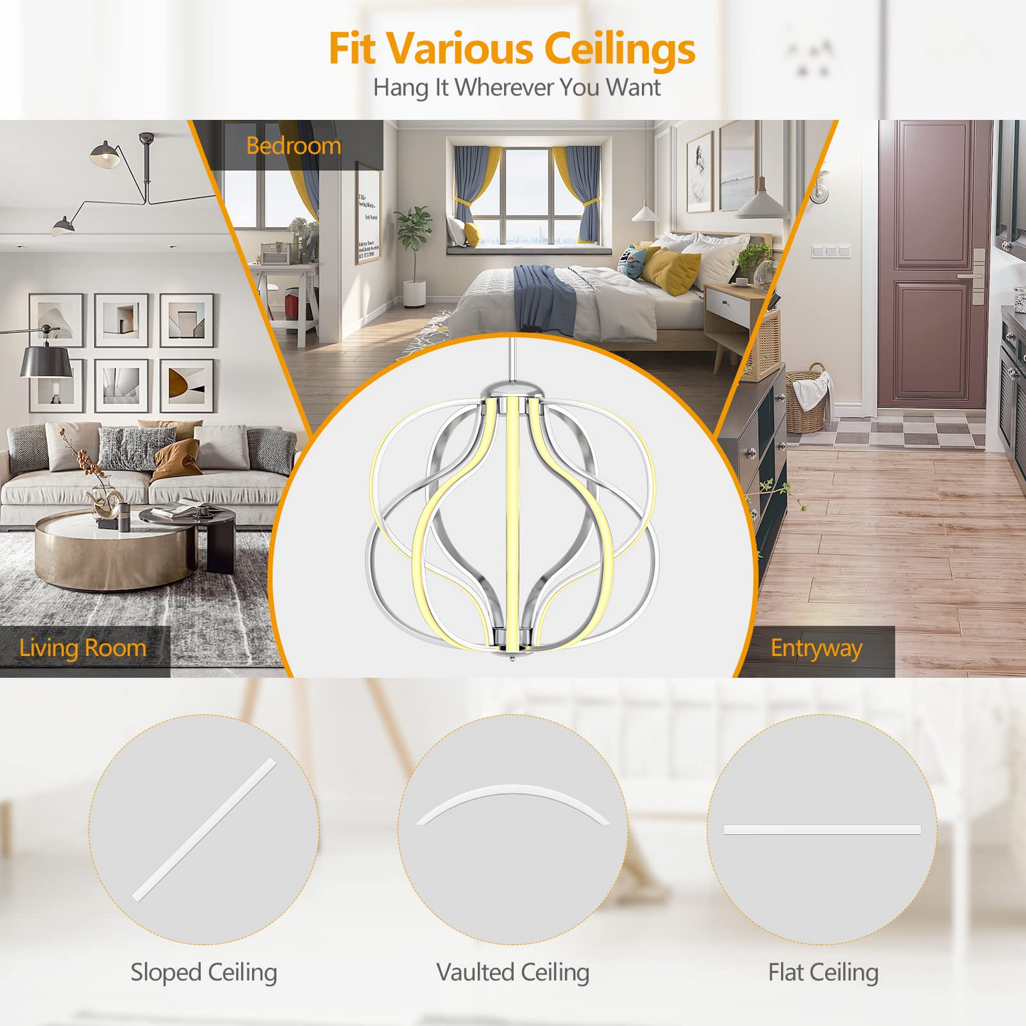 Tangkula Modern LED Chandelier, Dimmable Pendant Light