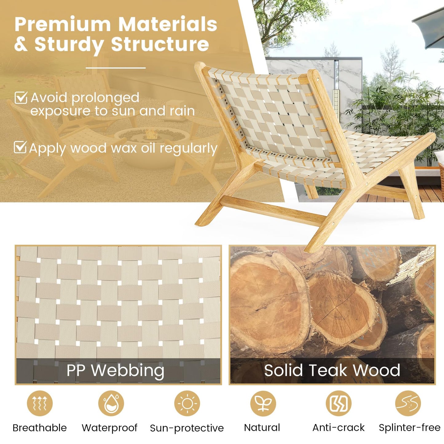 Chaise de patio Tangkula en bois de teck sans accoudoirs avec assise et dossier en sangle