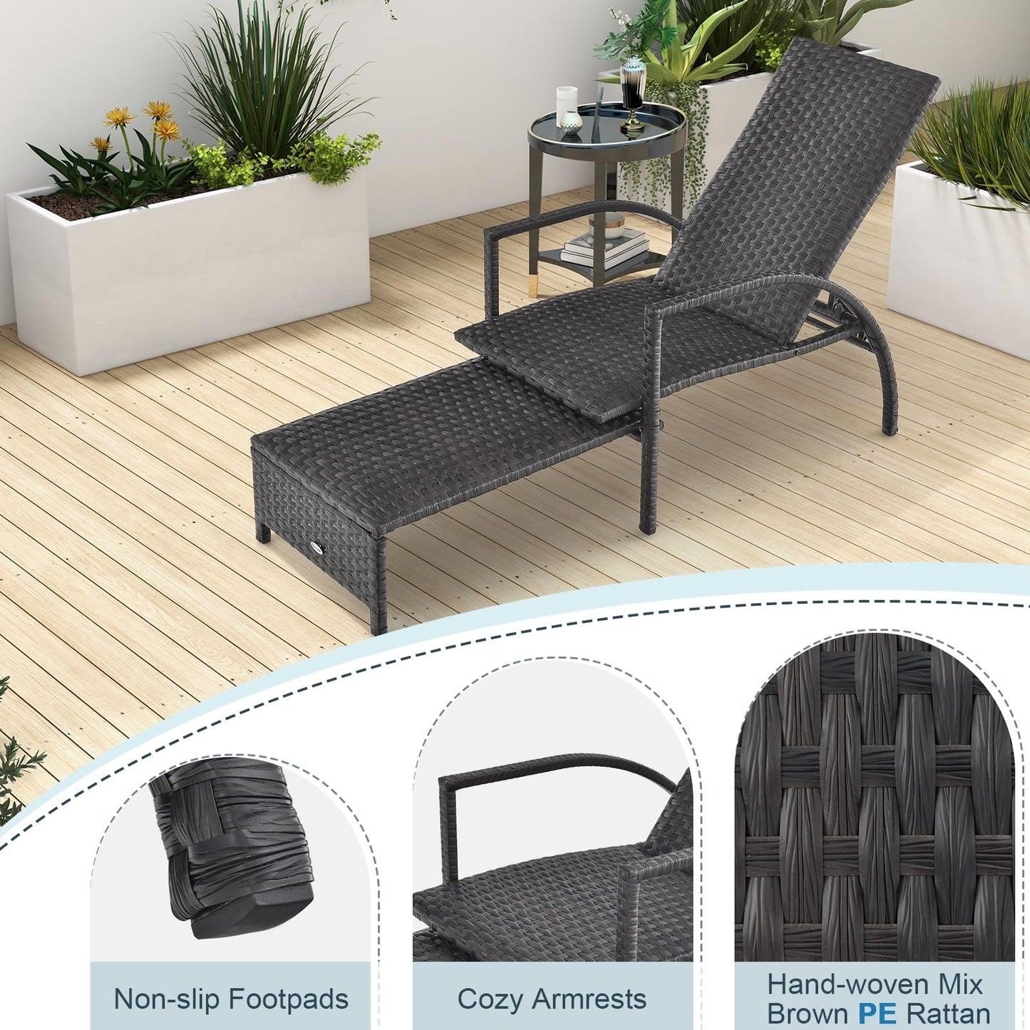 Tangkula Patio Chaise Lounge, Outdoor Rattan Lounge Chair with Retractable Ottoman