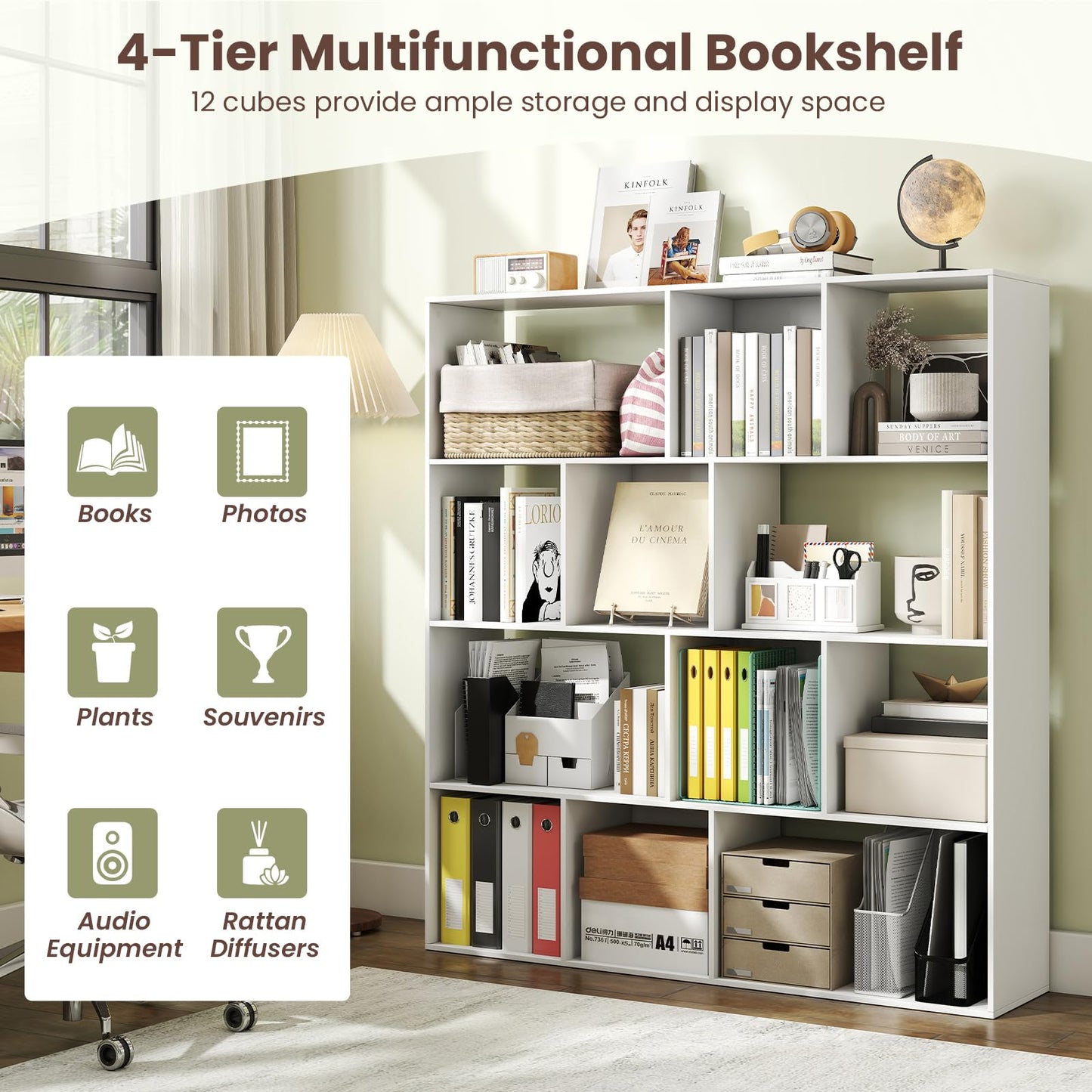 Tangkula 12 Cube Bookshelf 4-Tier Freestanding Storage Organizer Bookcase