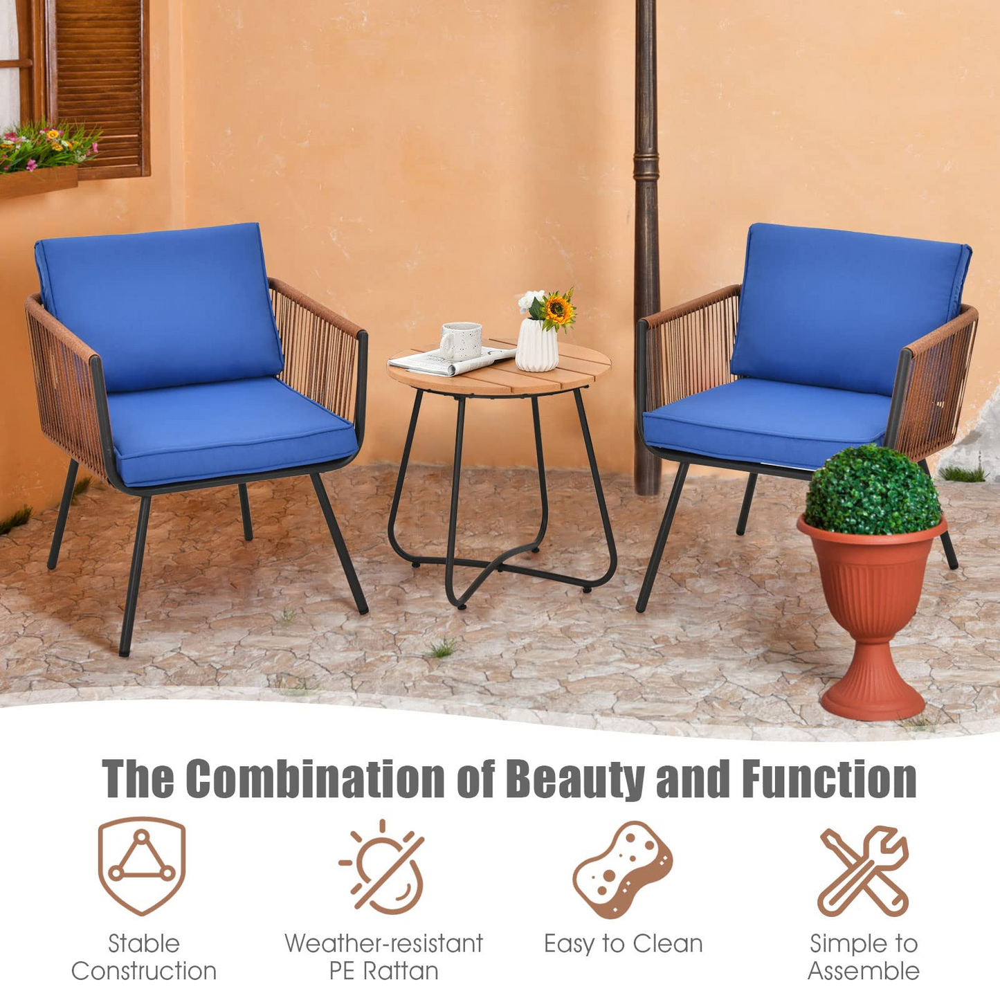 3 Pieces Patio Bistro Set, Outdoor Conversation Chair Set with Coffee Table