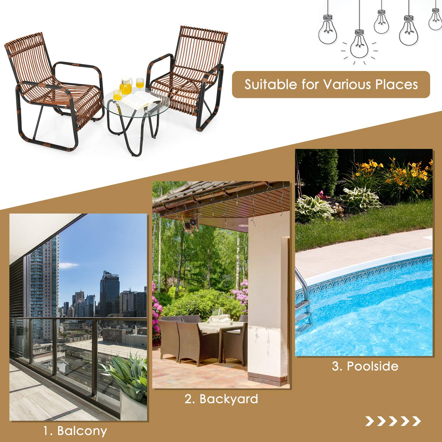 Tangkula 3 Piece Patio Rattan Furniture Set, Includes 2 Single Wicker Chairs and Glass Side Table