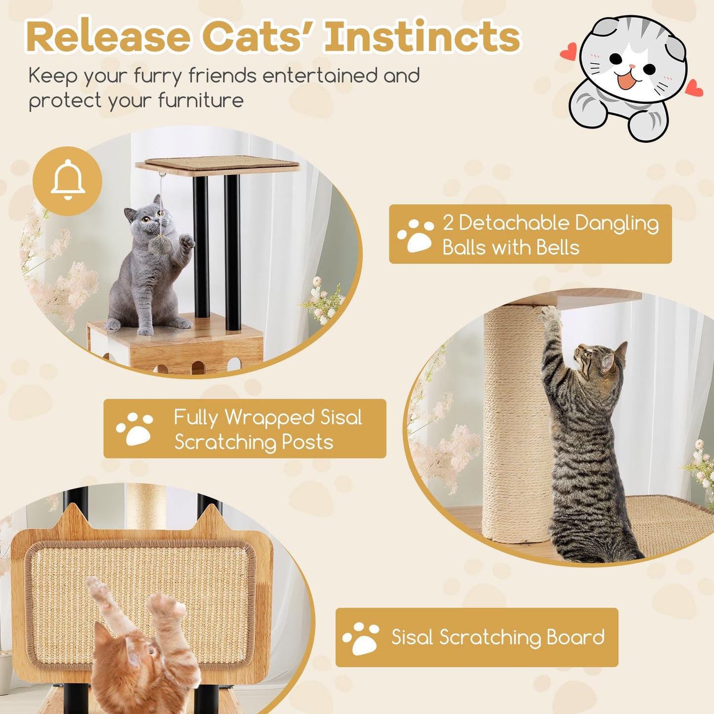 Tangkula Modern Cat Tree, Tall Multi-Level Cat Tower with Double Condos, Jumping Platforms