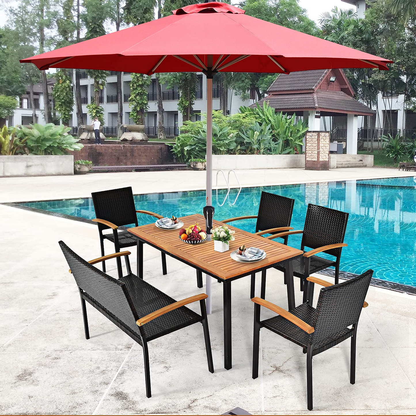 Tangkula Patio Acacia Dining Table, Outdoor Rectangle Dining Table with Acacia Wood Desktop