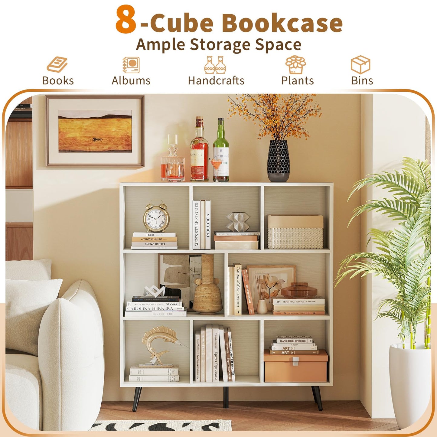 Tangkula 8-Cube Bookcase with 5 Tapered Metal Legs & 2 Anti-Tip Kit