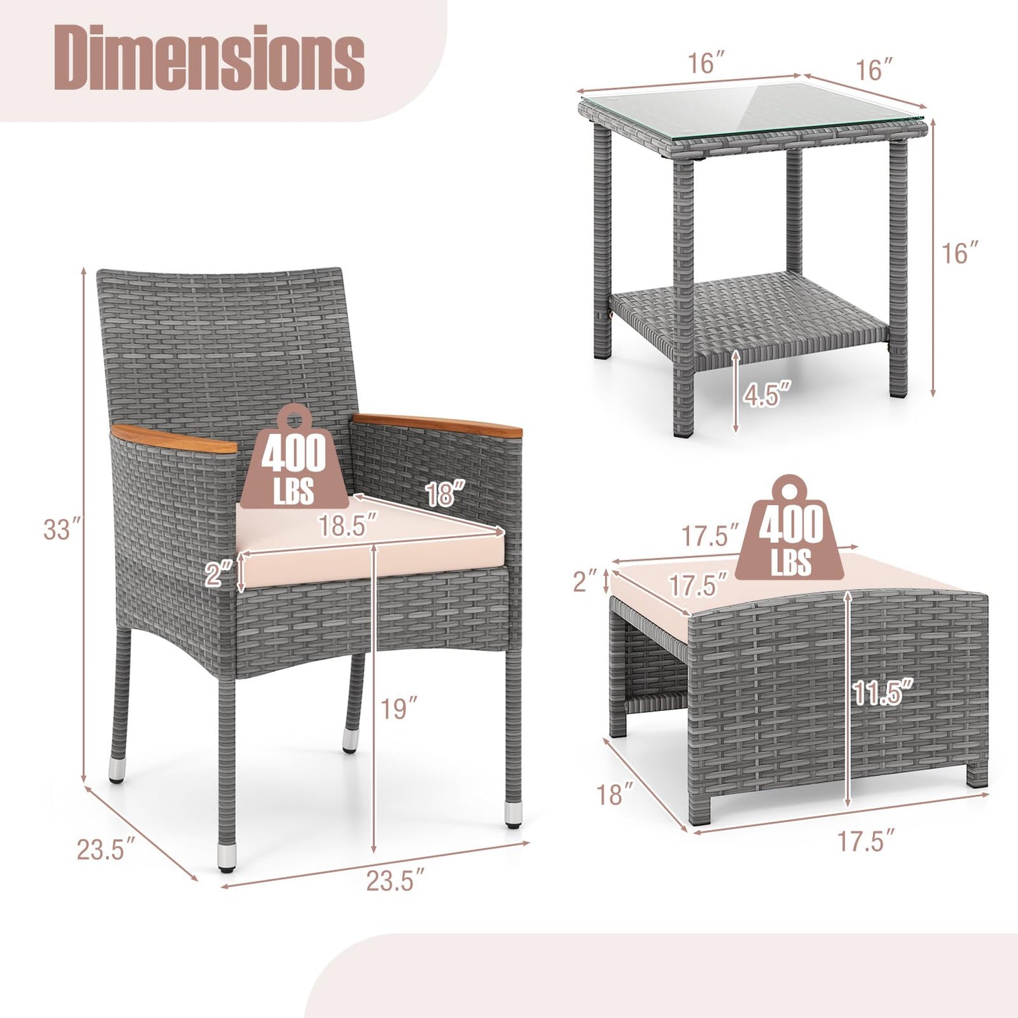 Tangkula 5 Pieces Patio Conversation Set, Outdoor PE Rattan Chairs with Soft Cushions, Ottomans & Tempered Glass Top Table