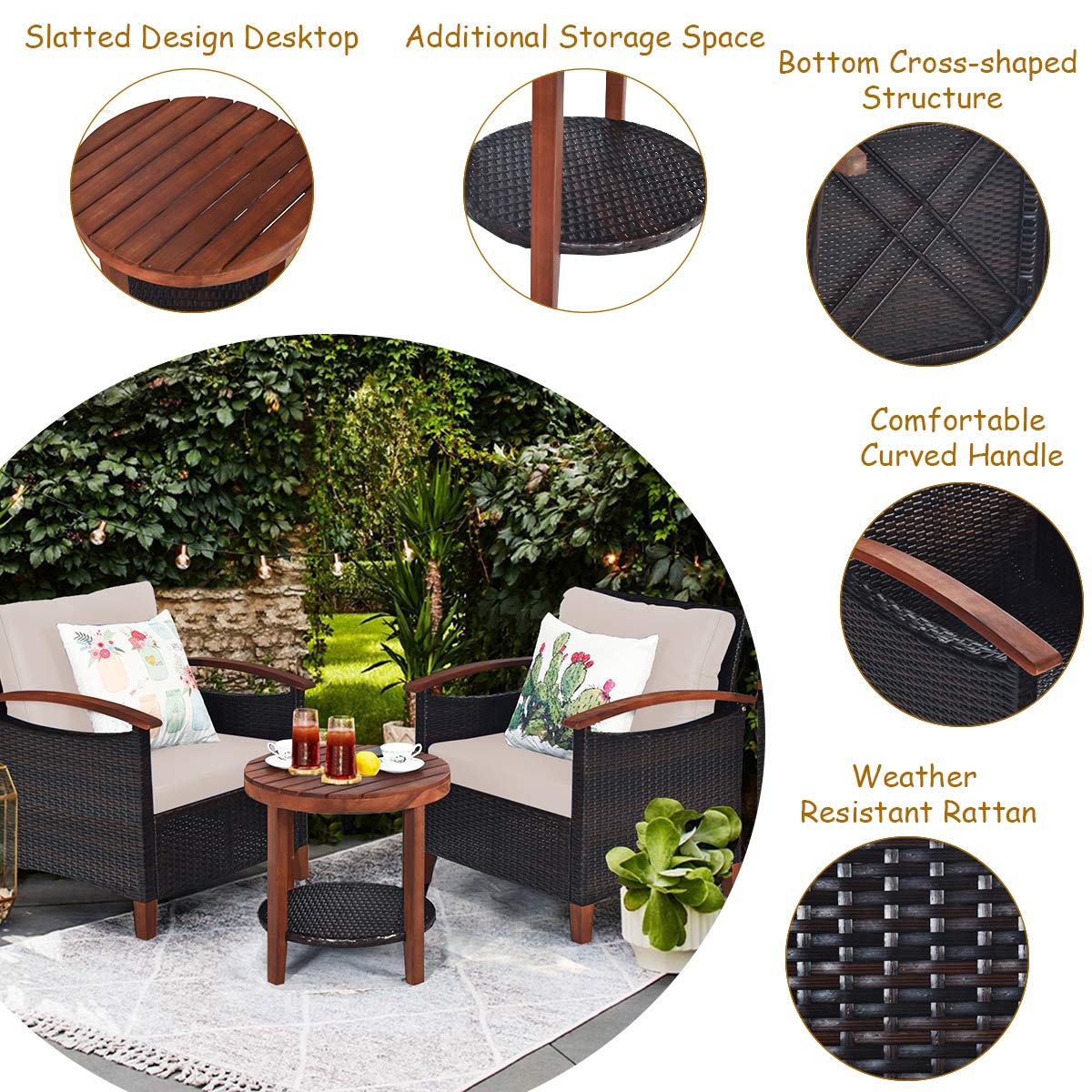 3 Pieces Patio Furniture Set, Outdoor Rattan Sofa and Side Table w/Solid Acacia Wood Frame