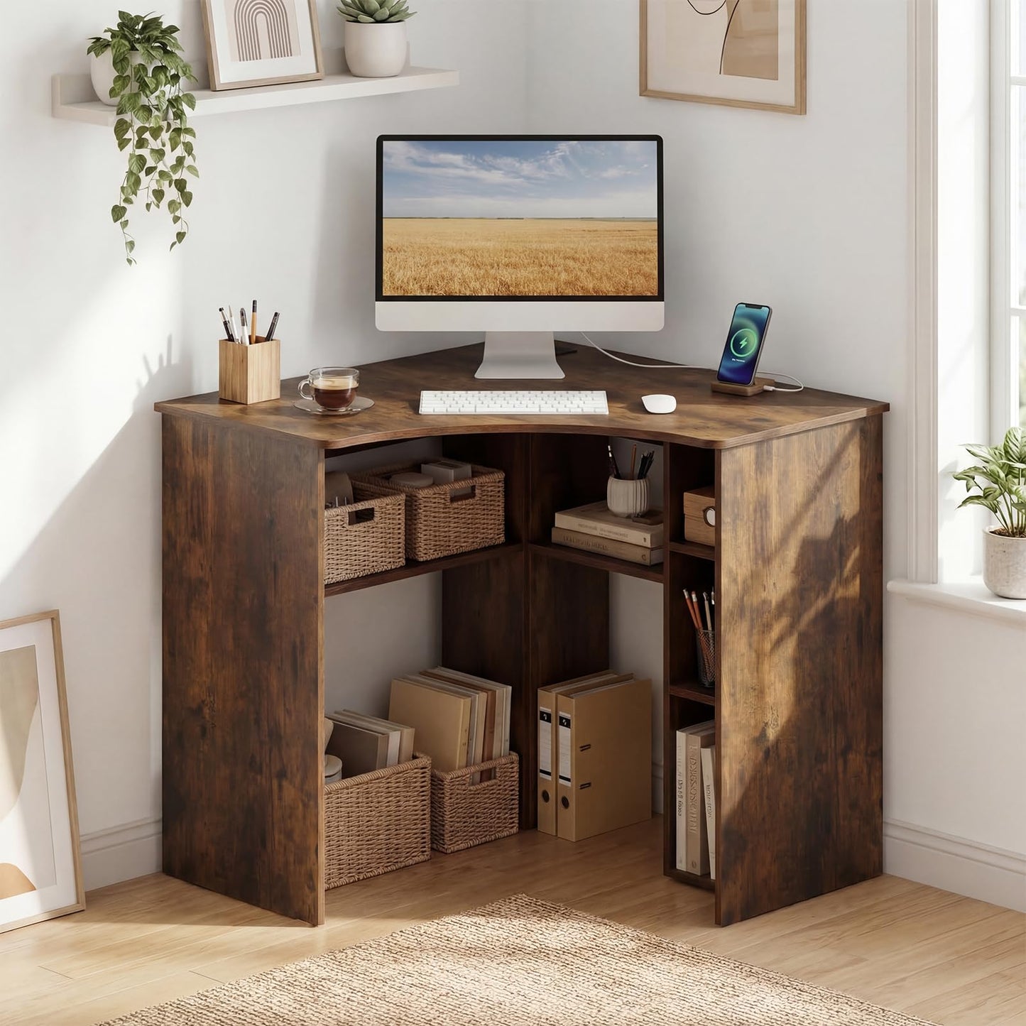 Tangkula 90-Degree Triangle Computer Desk with Ergonomic Curved Edge & Open Storage Shelves