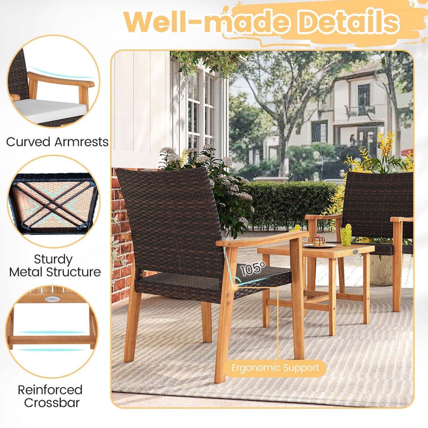 Ensemble de mobilier de patio en osier PE Tangkula 3 pièces pour véranda