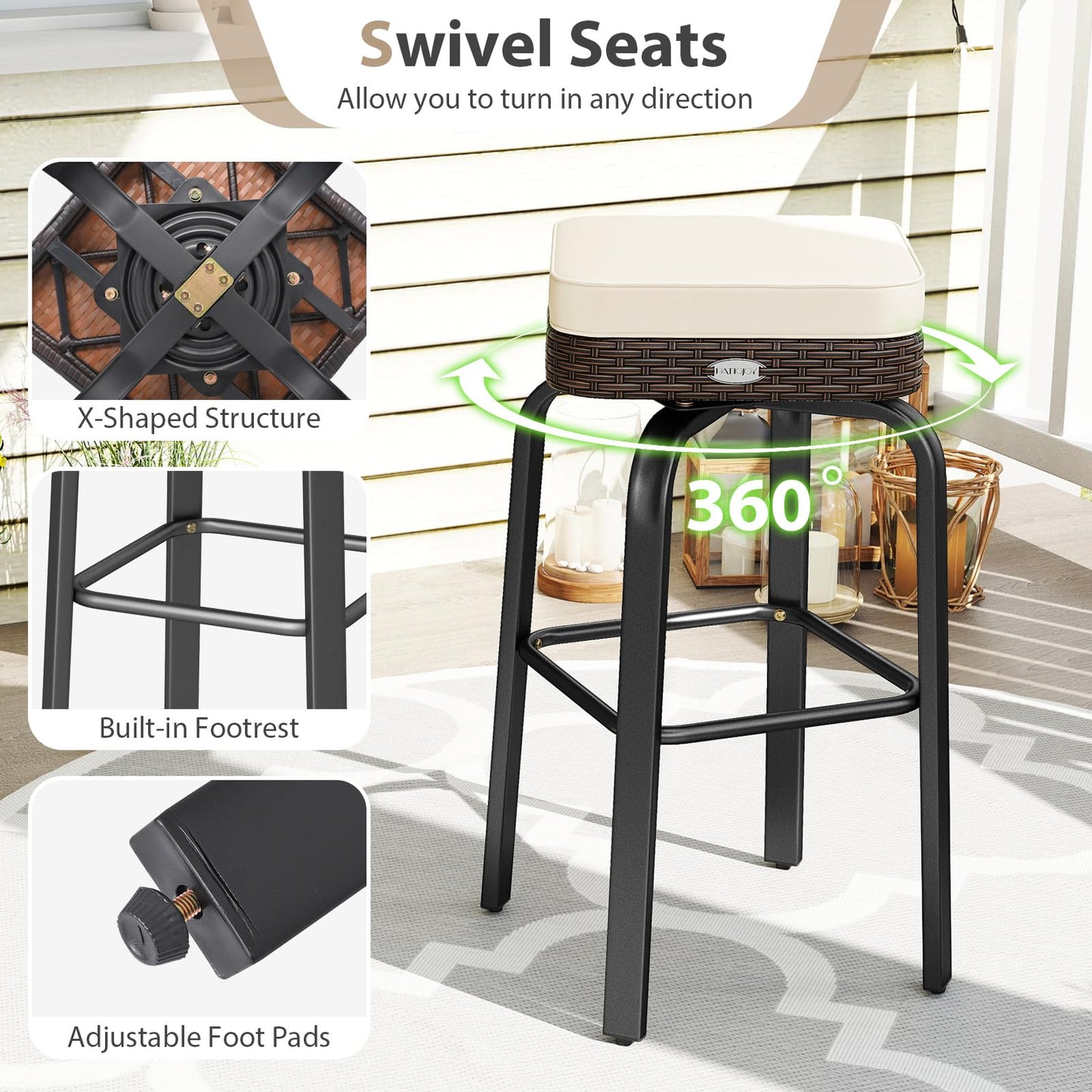 Tangkula 3 Pieces Outdoor Swivel Bar Set with 2 Cushioned Stools