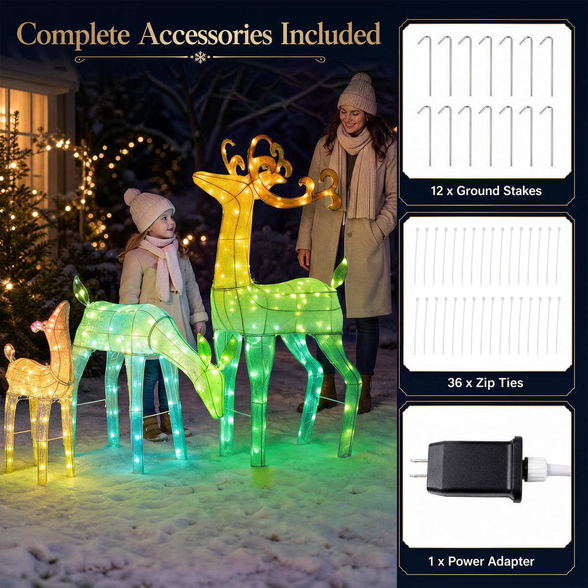 Tangkula 3-Piece RGB Lighted Christmas Deer Family Set with APP Control