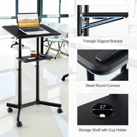 Tangkula Mobile Lectern Podium, Height-Adjustable Rolling Laptop cart with Tilting Top, Storage Tray & Cup Holder