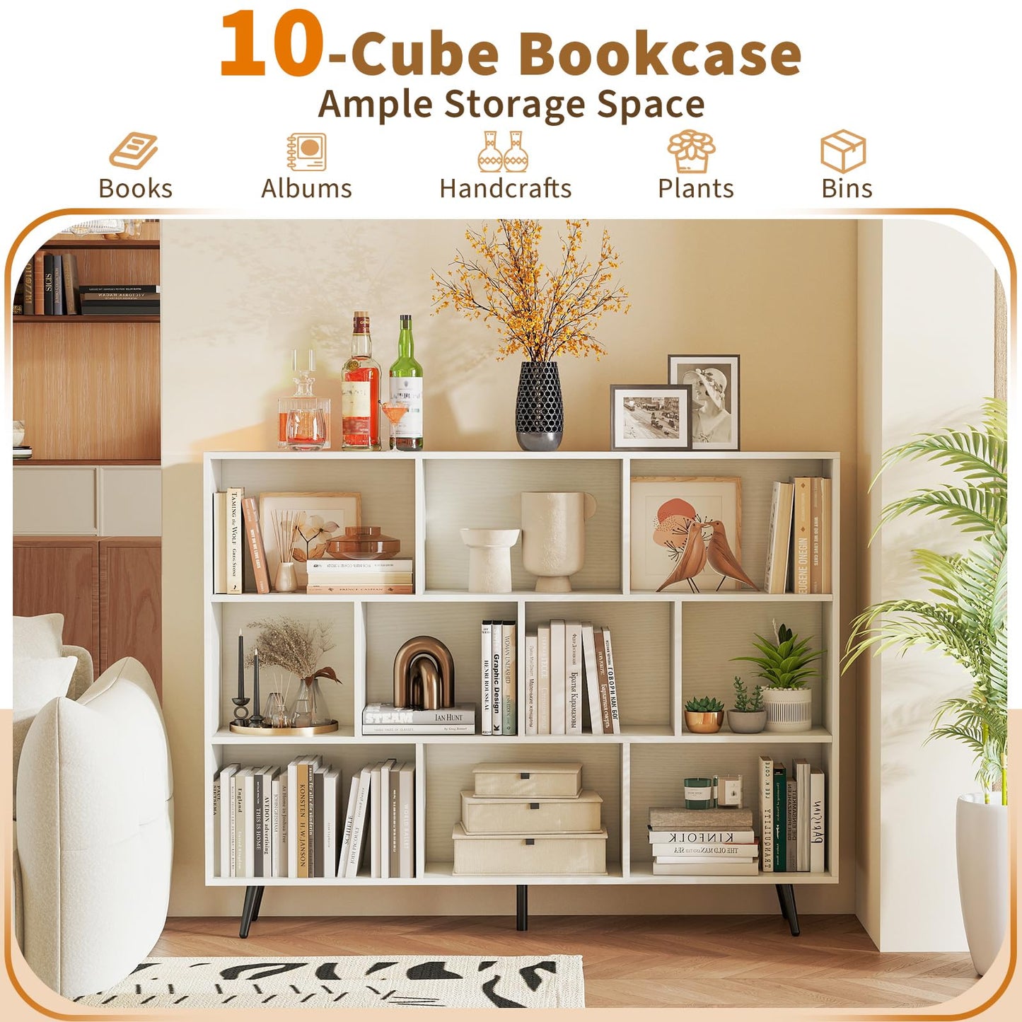 Tangkula Modern 55" L 10-Cube Bookcase with 5 Tapered Metal Legs