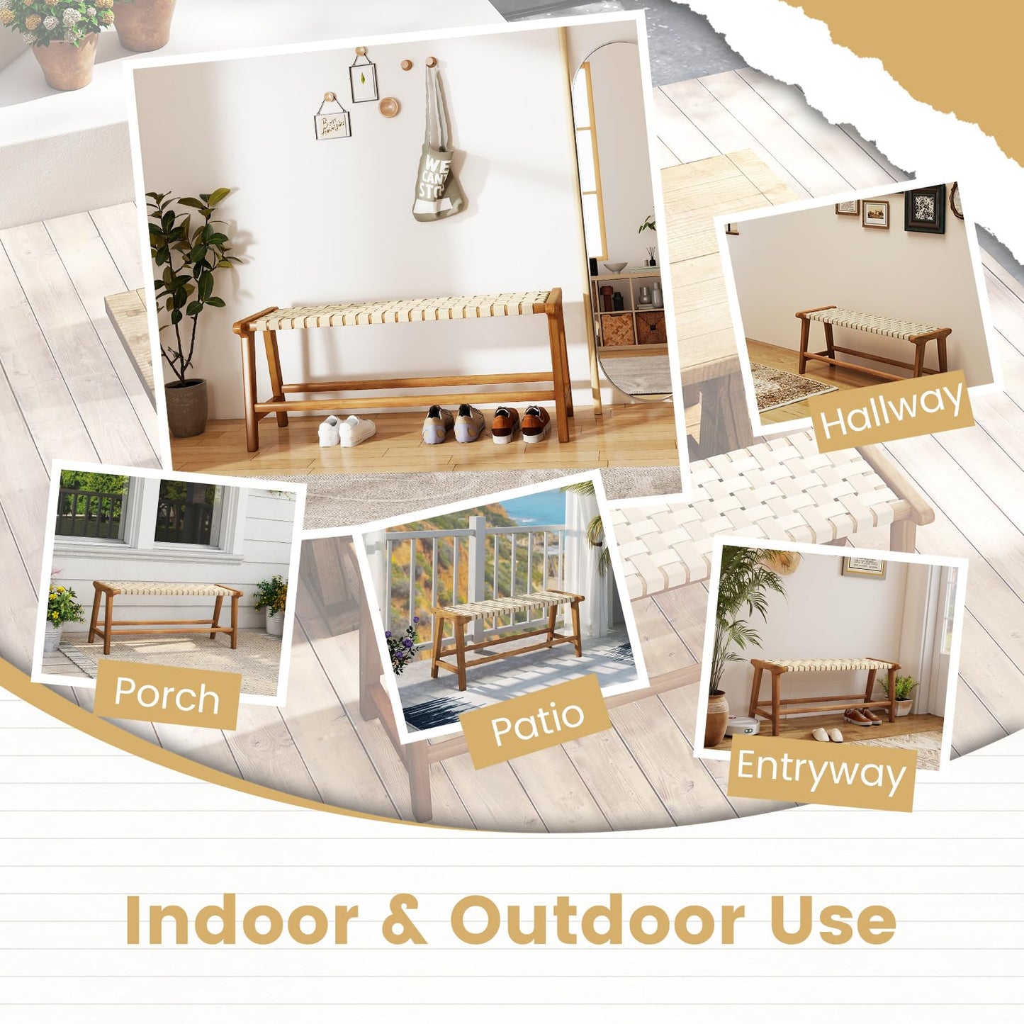 Tangkula Teak Wood Outdoor Bench Patio Backless Wooden Dining Bench