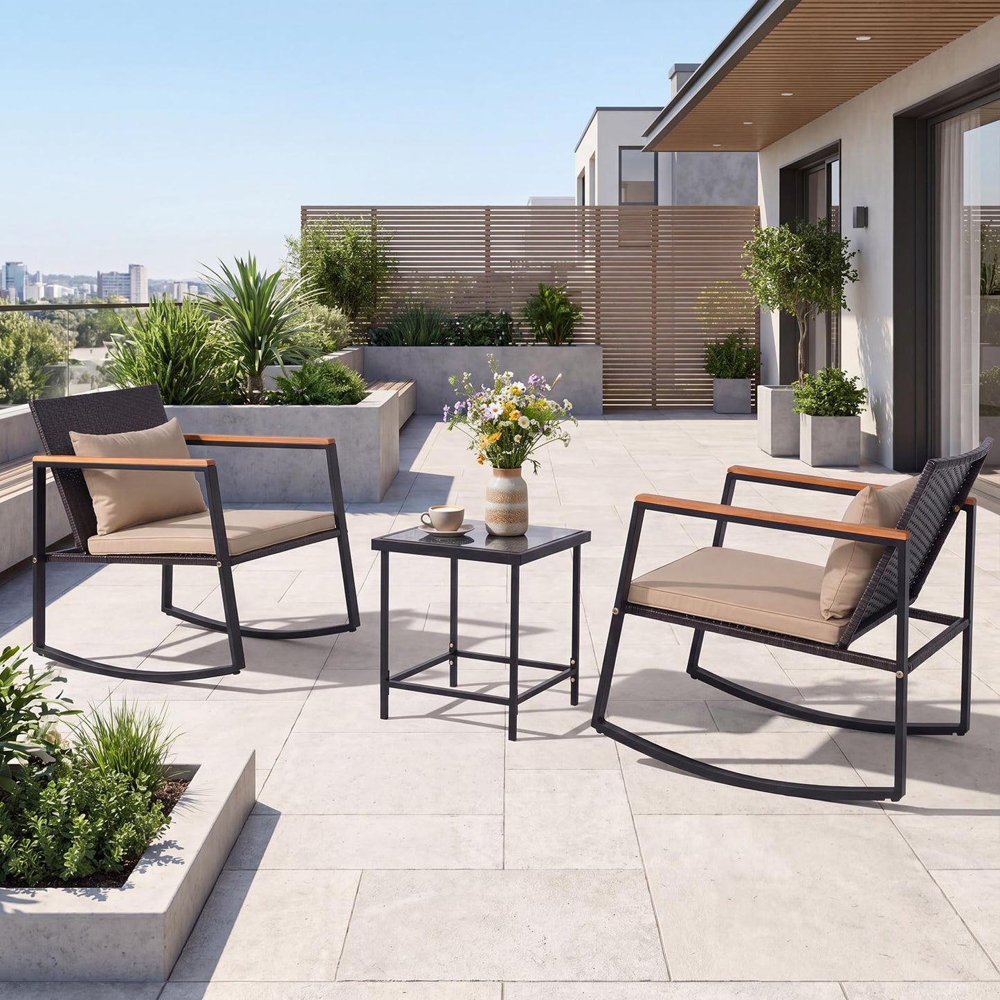 Tangkula 3 Pieces Outdoor Rocking Chairs Set