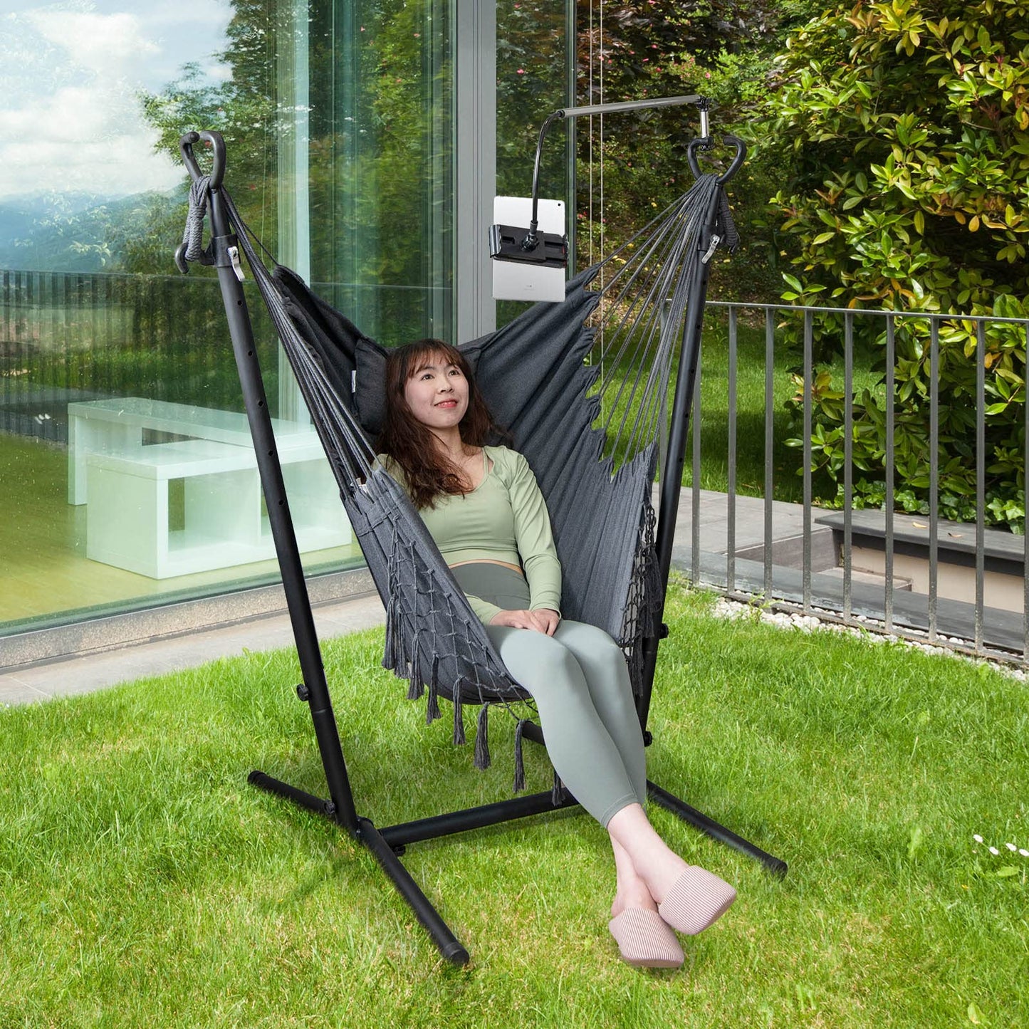 Tangkula Hammock Chair with Stand, Bohemian Style Height Macrame Swing Chair with Stand
