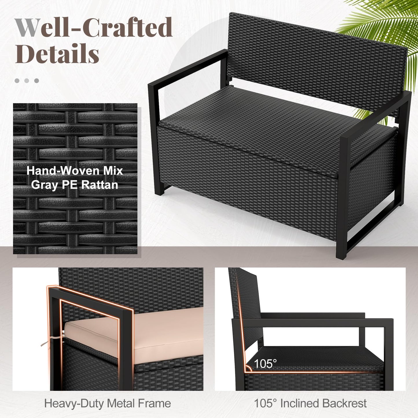 Tangkula 40 Gallon Patio Wicker Storage Bench with Cushion for Backyard