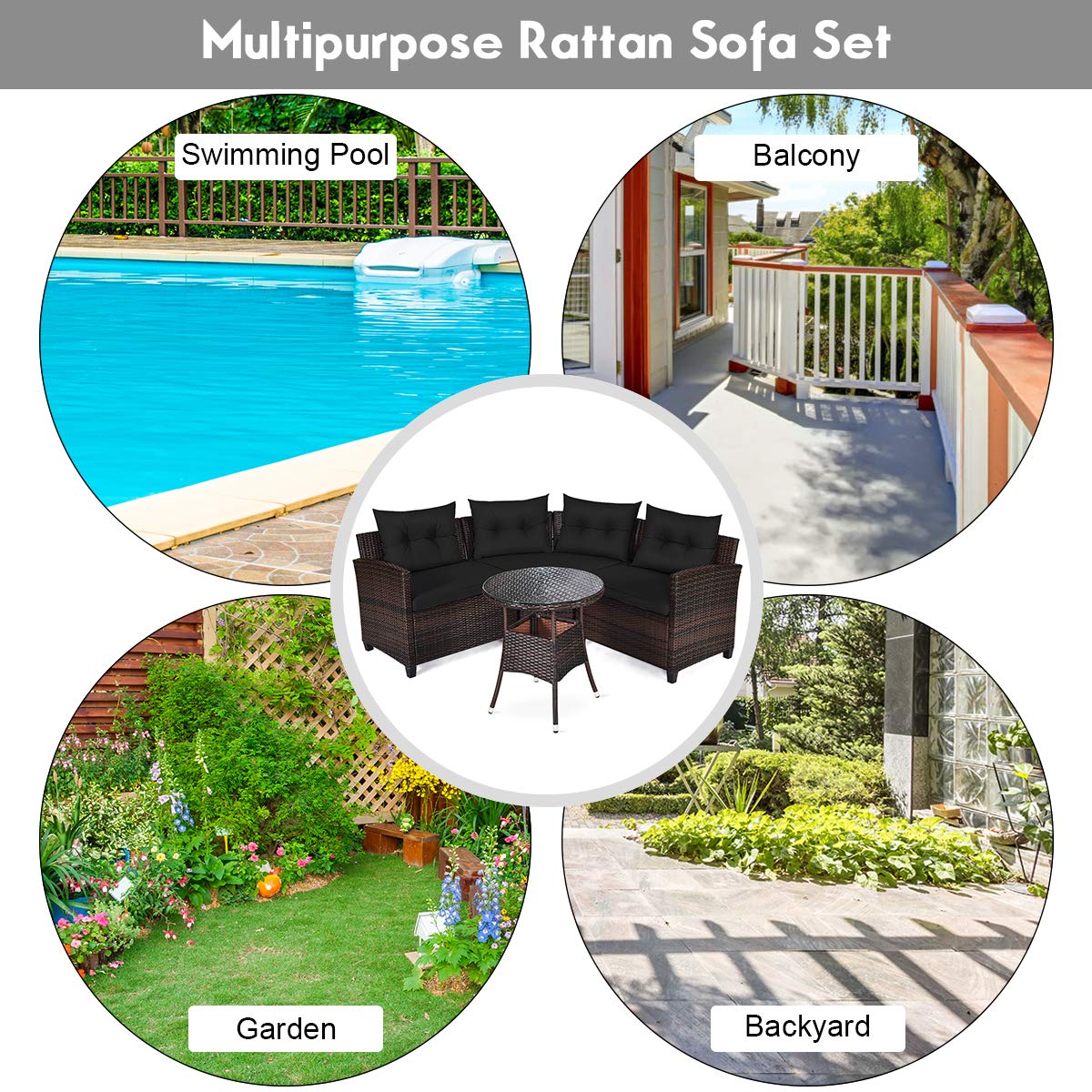 4-Piece Patio Furniture Set, C-Shape Outdoor Wicker Sectional Sofa Set