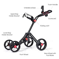 Tangkula Golf Push Pull Cart, 4 Wheels Foldable Collapsible Golf Trolley with Umbrella Holder, Foot Brake, Scorecard & Drink Holder
