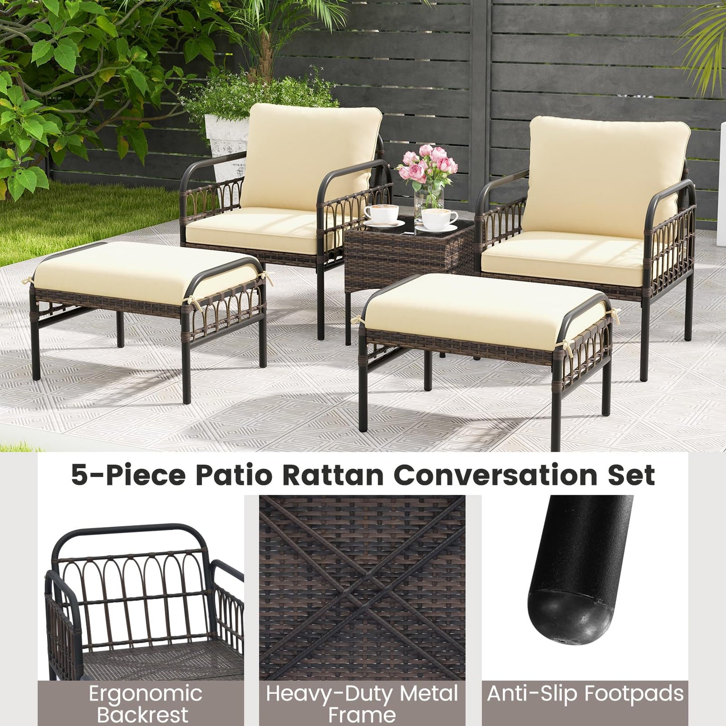 Tangkula 5 Piece Patio Conversation Set, Outdoor Wicker Chair Set w/Ottomans & Coffee Table
