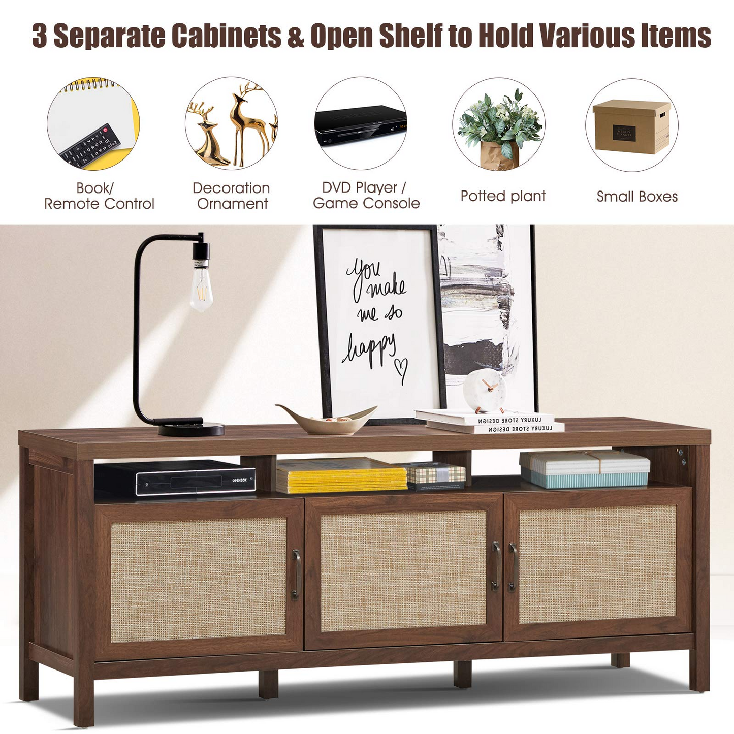Tangkula Farmhouse Rattan TV Stand, 62 Inches Modern Boho Entertainment Center for TVs up to 65/70 Inches