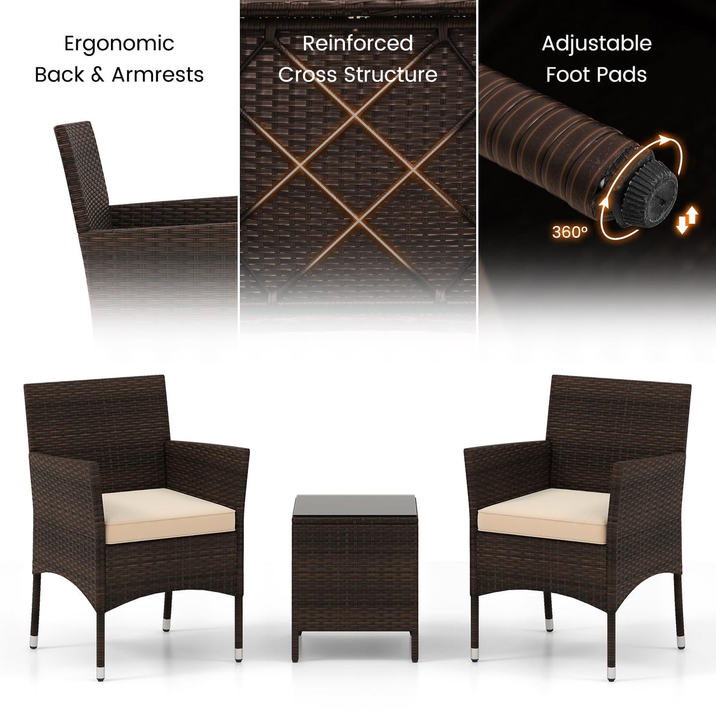 Tangkula 3 Pieces Patio Rattan Furniture Set, Outdoor Conversation Set with PE Wicker Armchairs