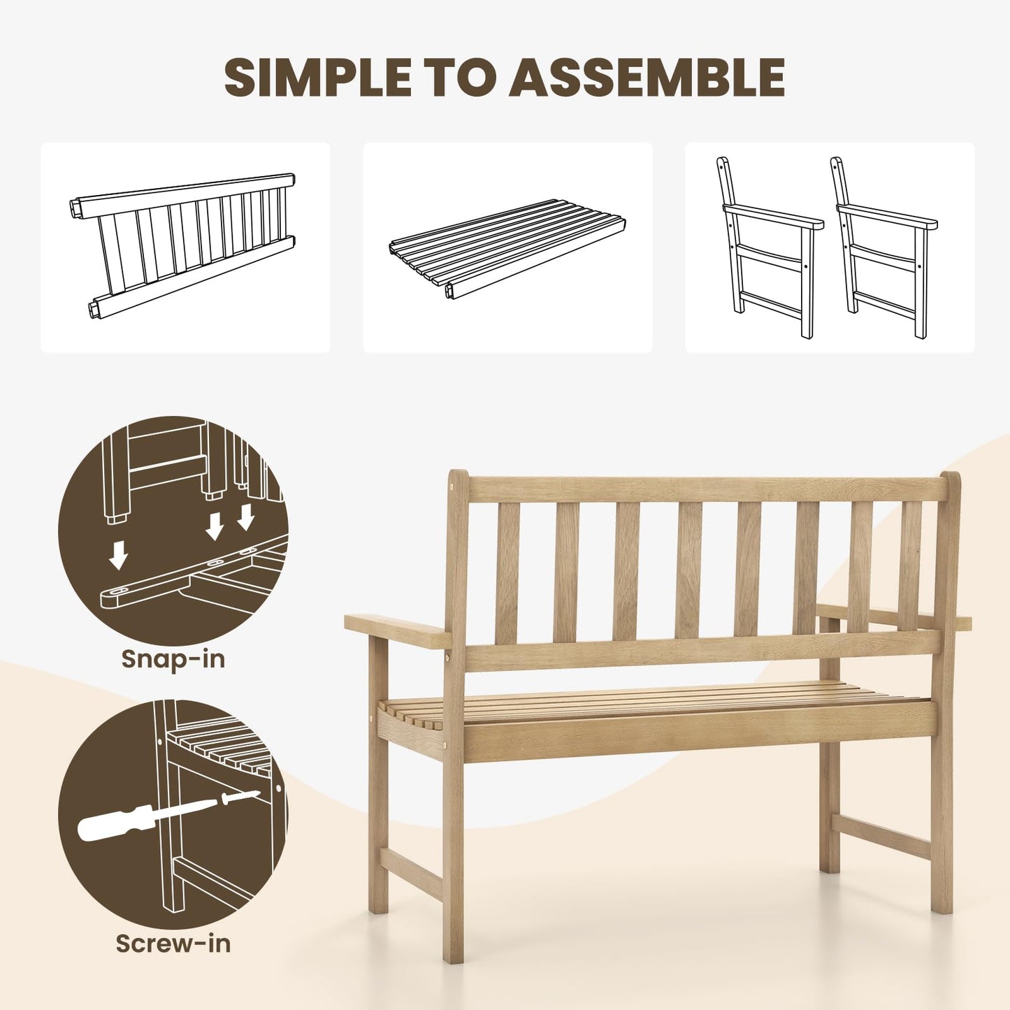 Tangkula Outdoor Teak Wood Garden Bench, 2-Person Patio Bench with Backrest and Armrests