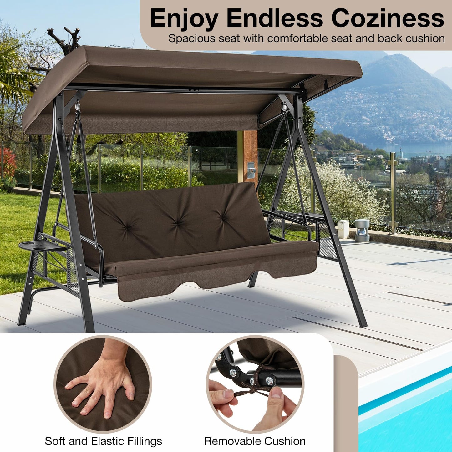 Tangkula 3 Person Porch Swing, 2-in-1 Convertible Patio Swing Bed with Adjustable Canopy, 2 Cup Holder Table