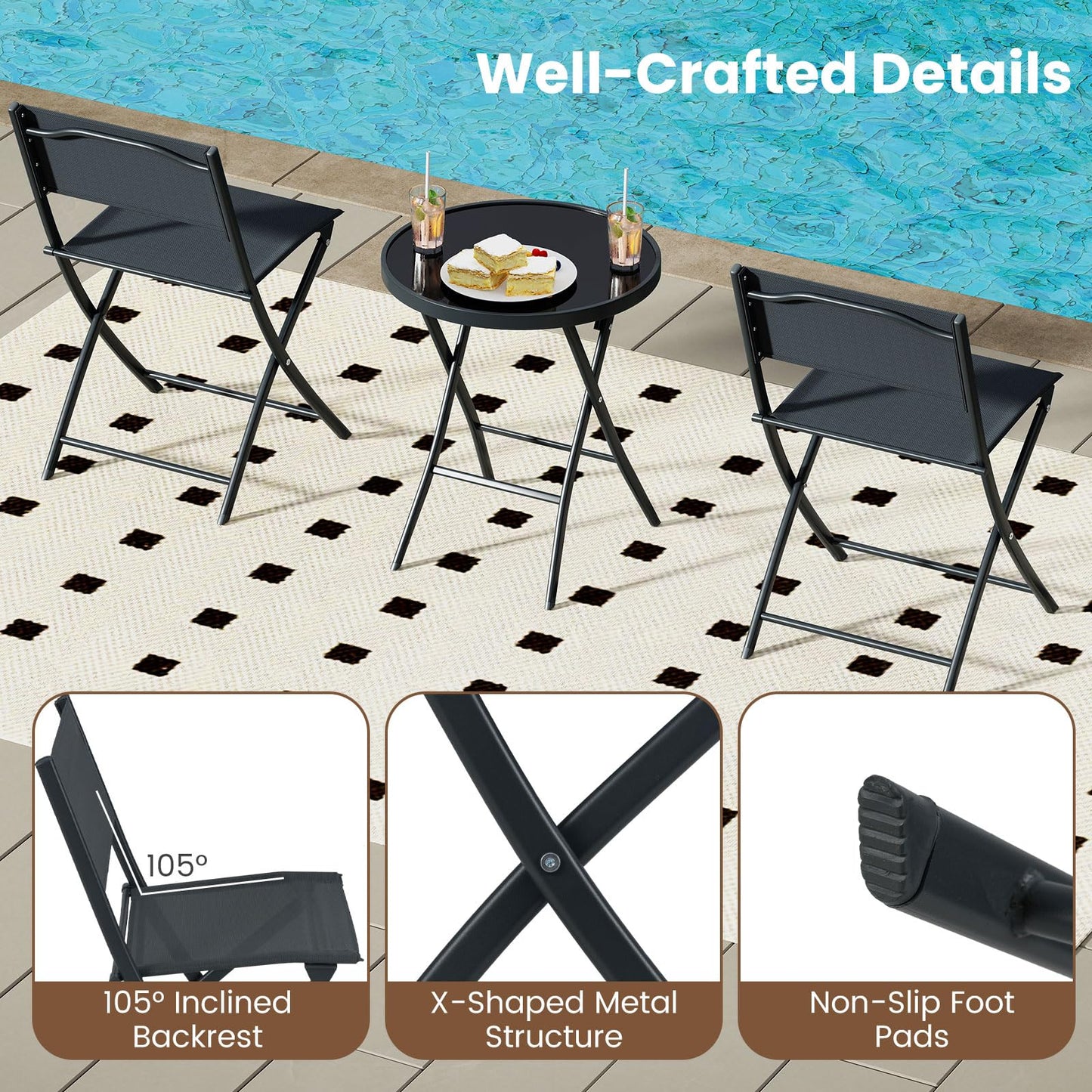 Ensemble bistrot pliant 3 pièces Tangkula avec siège en tissu respirant et plateau de table en verre trempé