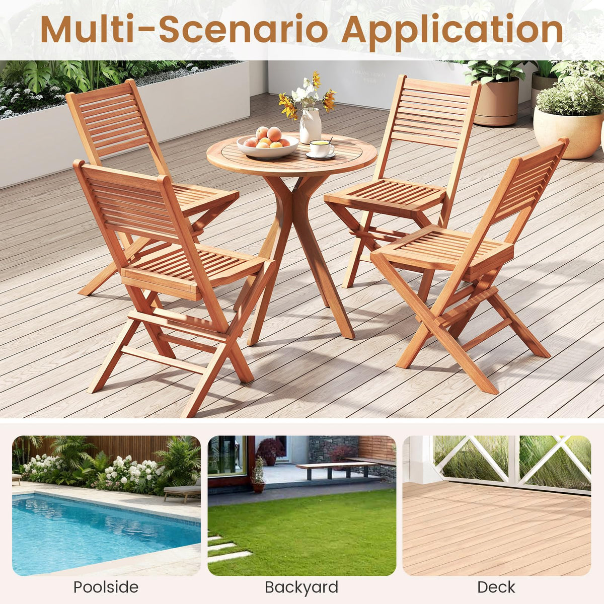 Tangkula Teak Wood Folding Patio Chairs Set of 2/4 ( Slatted Back )