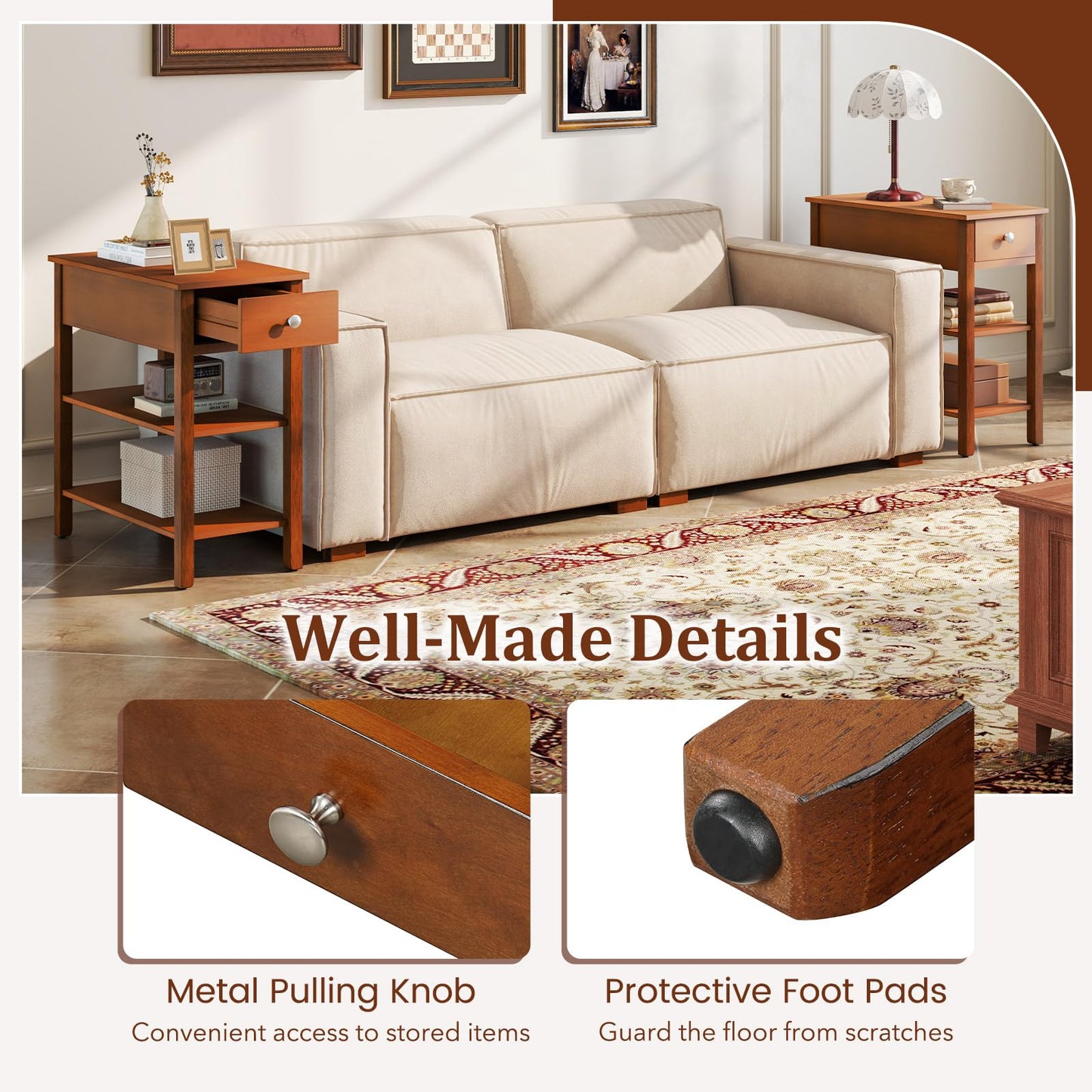 Tangkula Narrow End Table Set of 2, 24.5”H Farmhouse Side Table with Drawer
