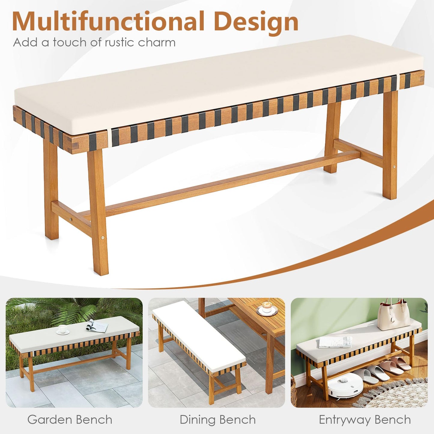 Tangkula Acacia Wood Outdoor Bench with Padded Cushion
