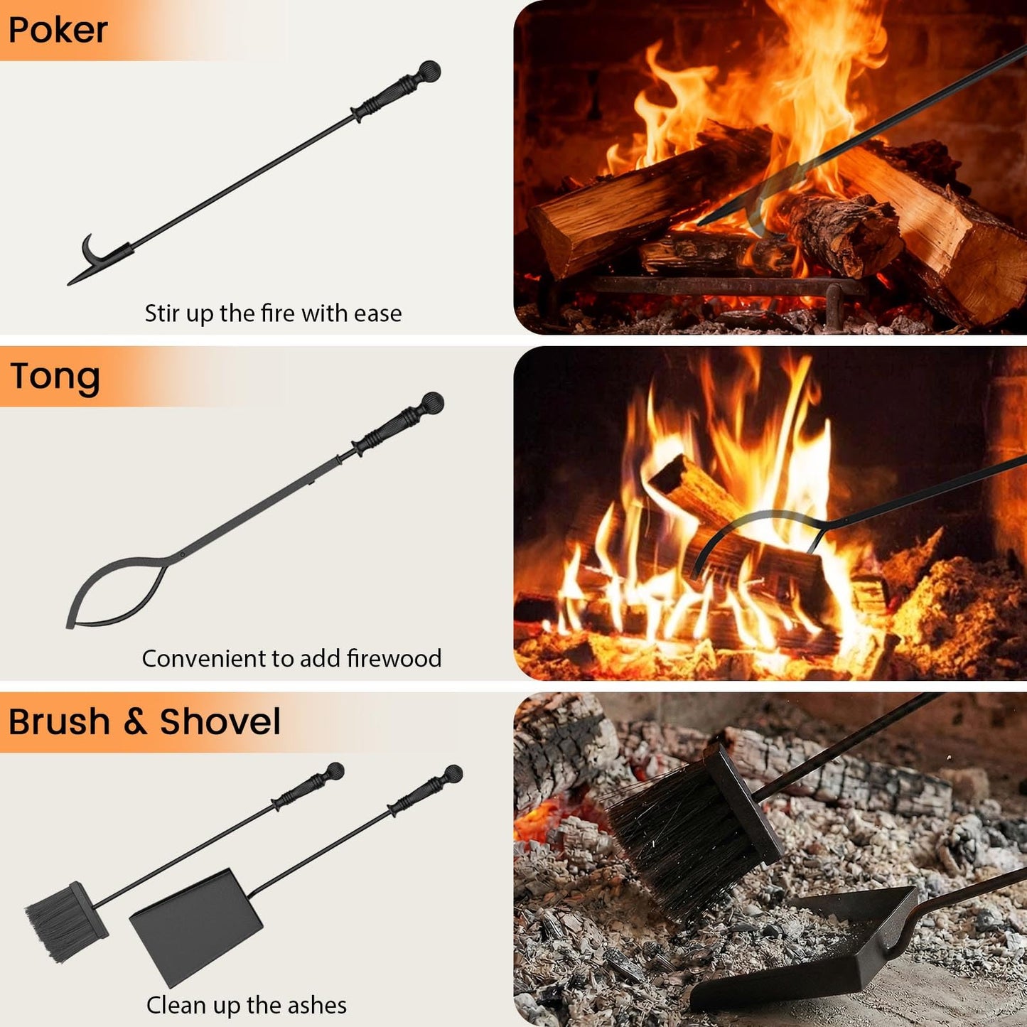 Tangkula Lot de 4 outils de cheminée intérieur/extérieur avec tisonnier