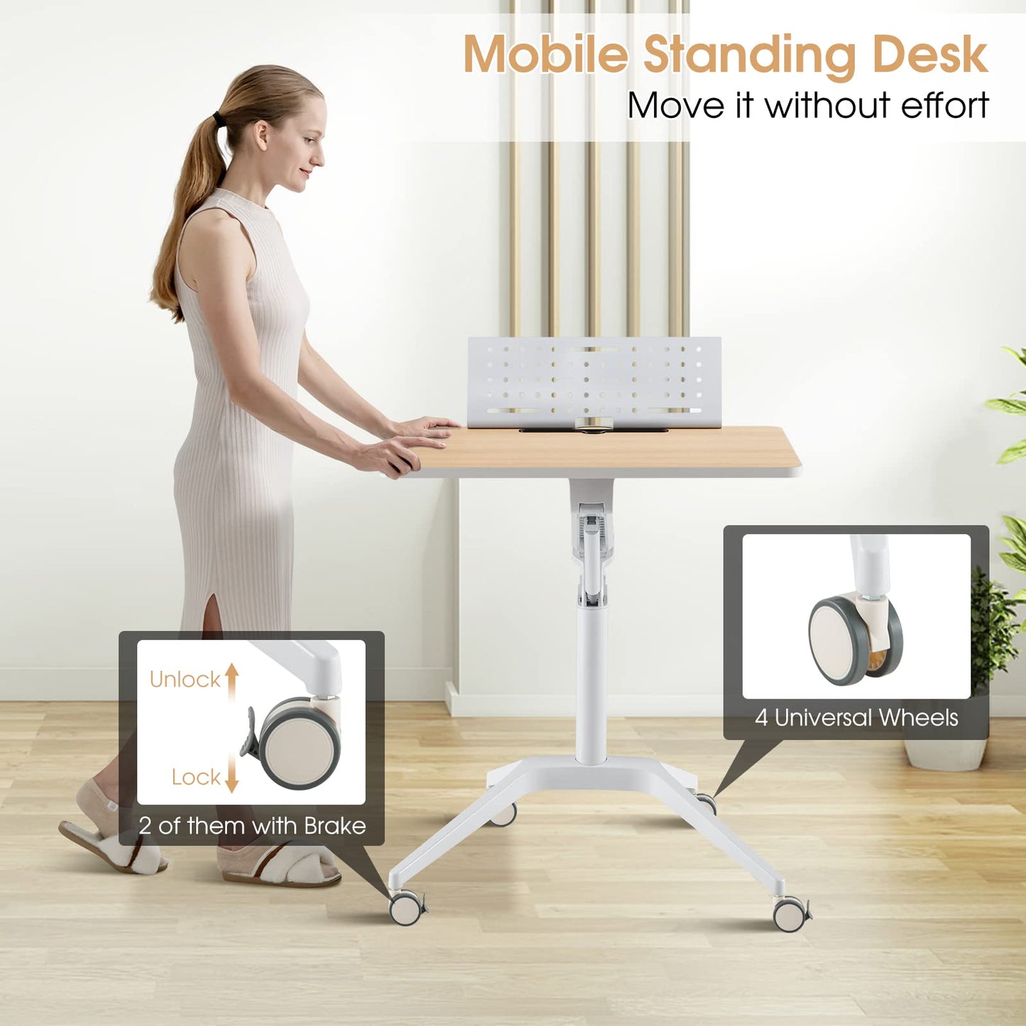 Tangkula Mobile Standing Desk, Height Adjustable Sit to Stand Desk with Detachable Holder