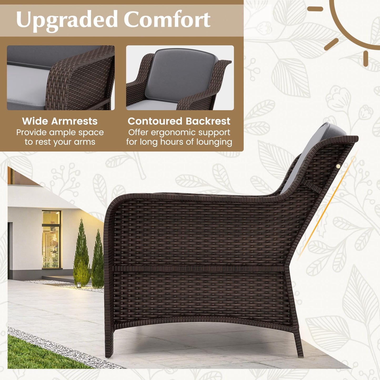 Tangkula 3 Pieces Outdoor Patio Furniture Set, Patiojoy PE Rattan Wicker Chairs with Cushions and Tempered Glass Coffee Table