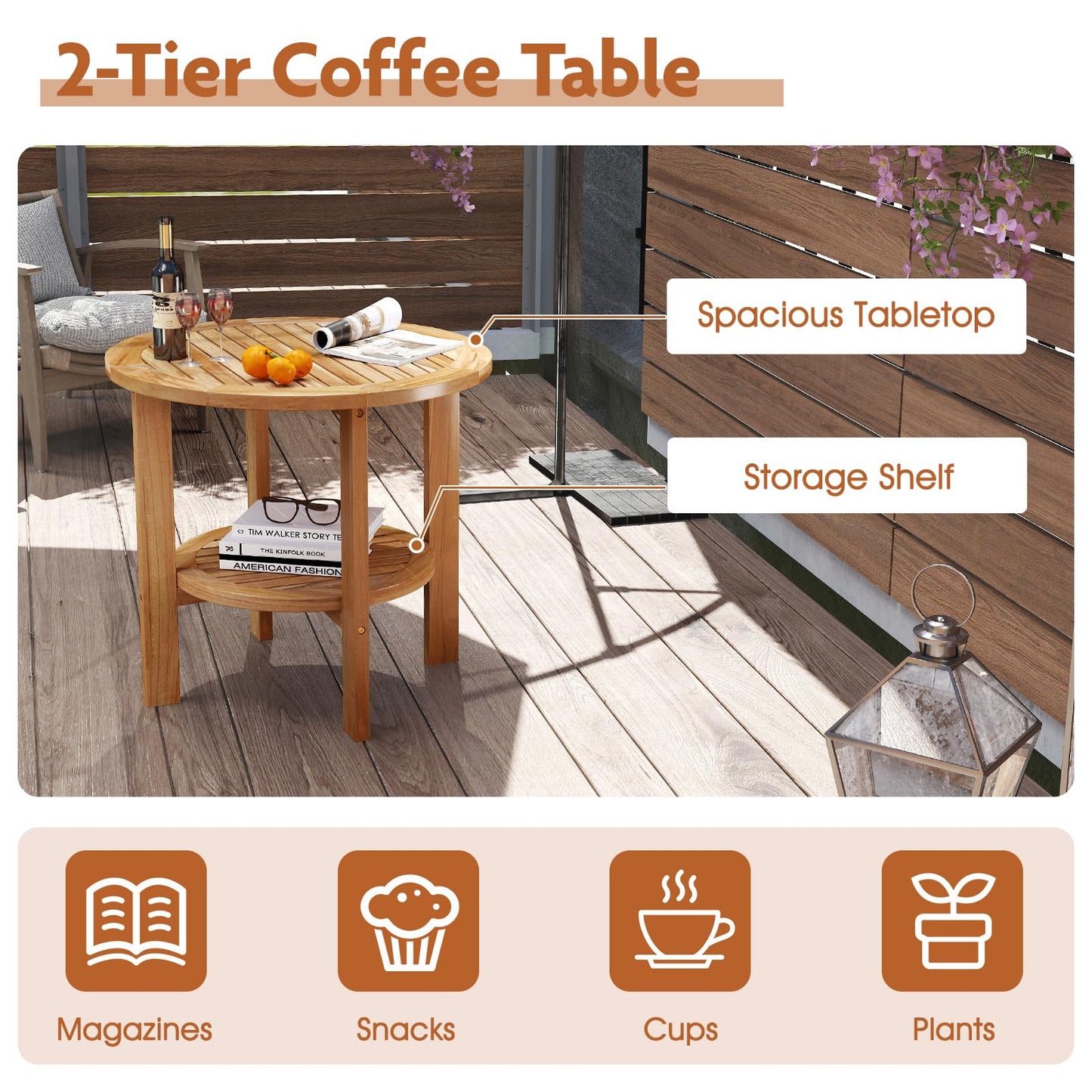 Tangkula Table d'appoint ronde d'extérieur, bois de teck, table d'appoint de patio de 49,5 cm avec étagère de rangement à lattes