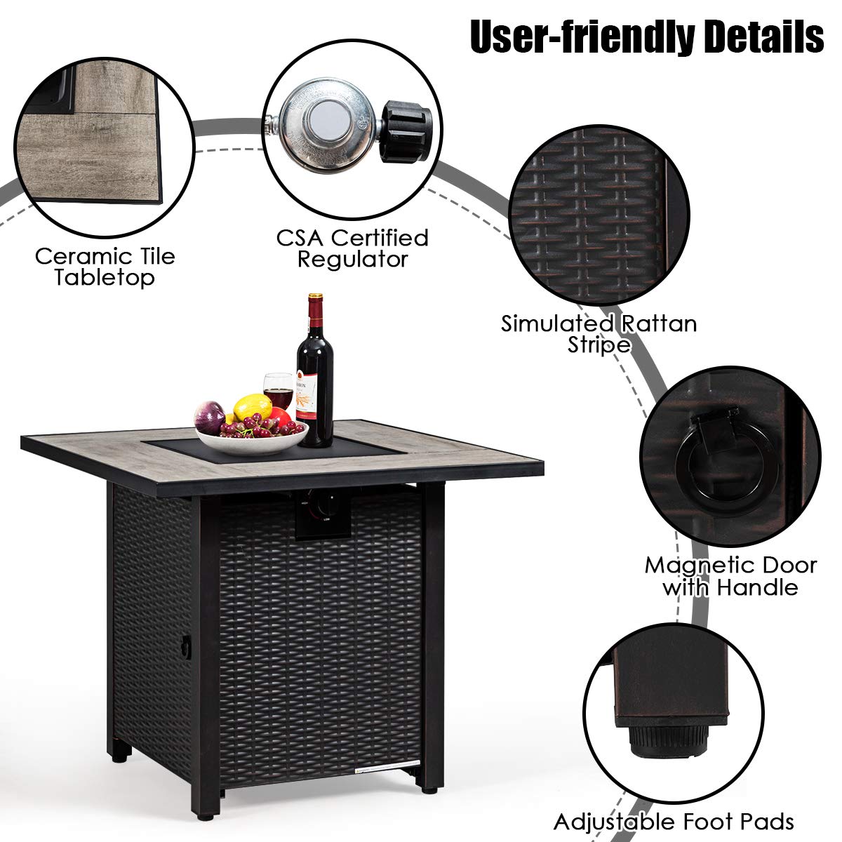 Ensemble de meubles de patio 7 pièces Tangkula avec table brasero, table brasero au propane 30 pouces 50 000 BTU