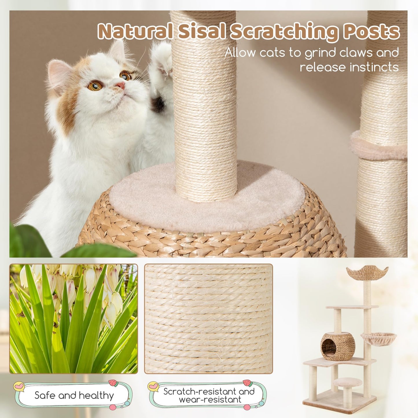 Arbre à chat Tangkula 59 pouces, tour à chat multi-niveaux avec poteaux à gratter en sisal