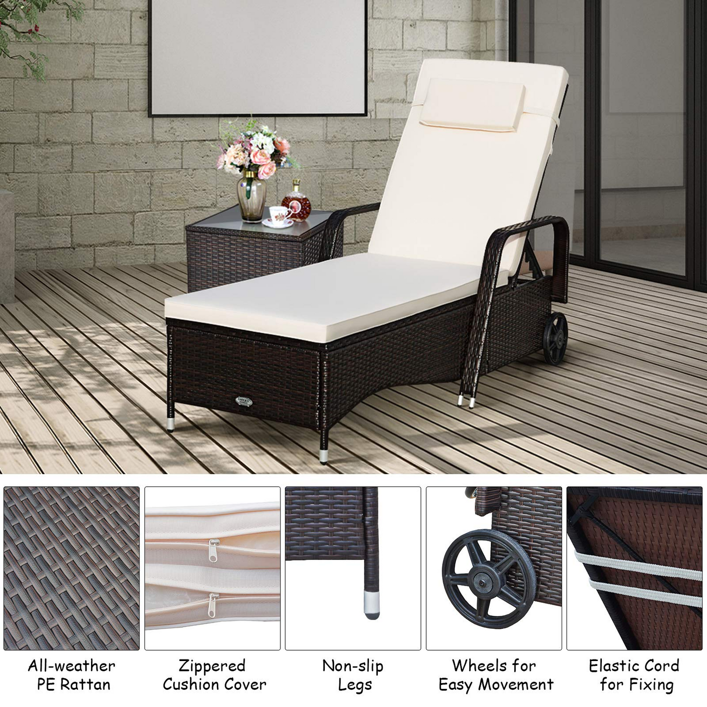 Tangkula Patio Chaise with Wheels, 6 Positions Adjustable Outdoor Lounger Chair with Steel Frame