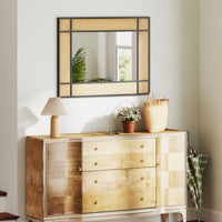 Tangkula Rattan Wall Mirror Bohemian Rectangular Decorative Mirror w/Metal Frame