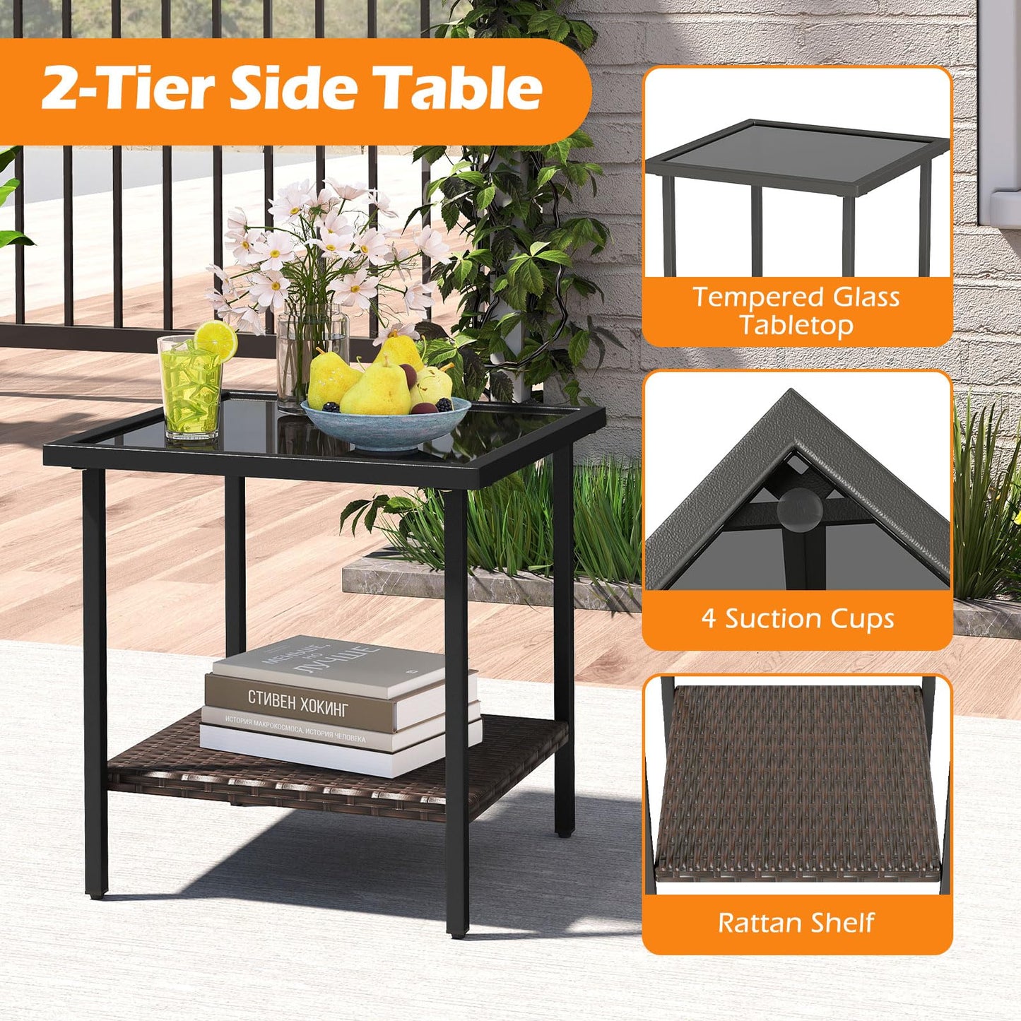 Tangkula 3 Piece Outdoor Swivel Chair Set with 2 Tier Tempered Glass Side Table