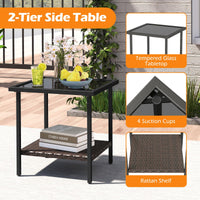 Tangkula 3 Piece Outdoor Swivel Chair Set with 2 Tier Tempered Glass Side Table