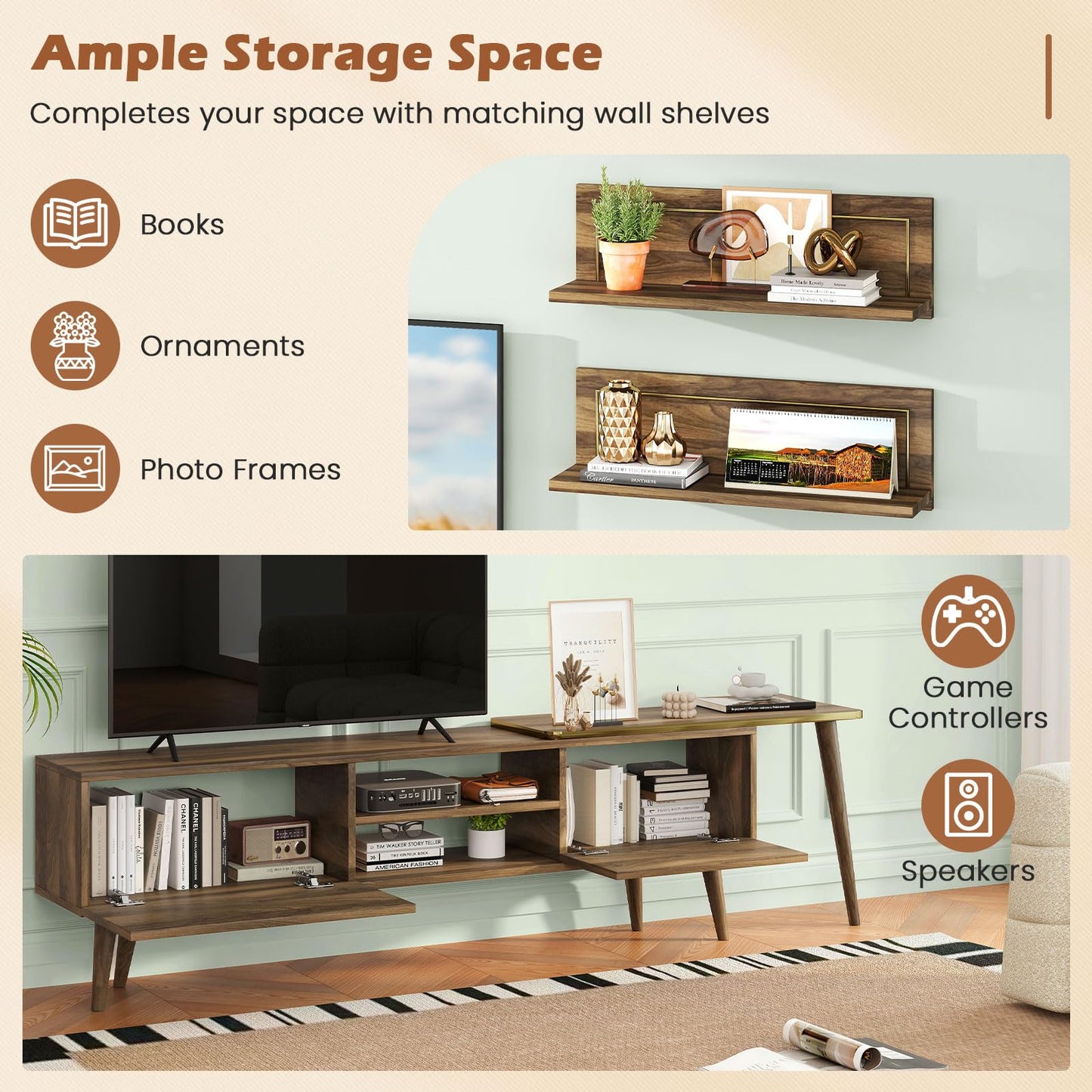Tangkula Farmhouse TV Stand with 2 Wall Shelves for Living Room