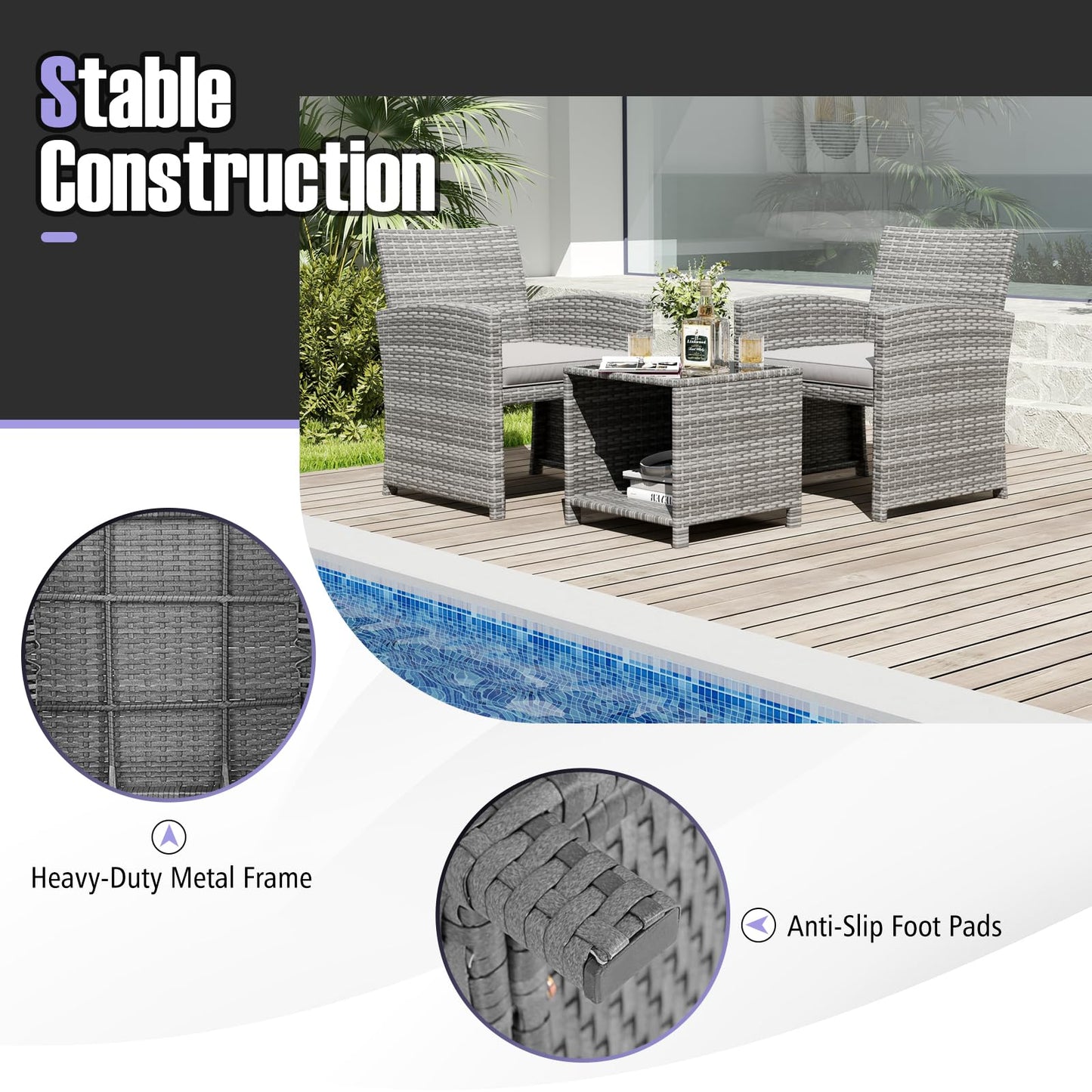 Tangkula 3 Pieces Patio Furniture Set with Tempered Glass Coffee Table