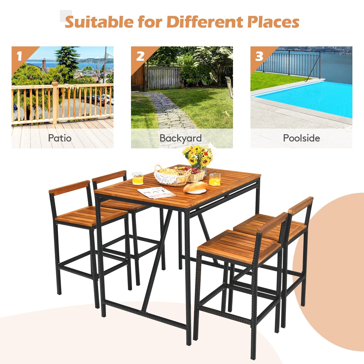 5-Piece Outdoor Acacia Wood Bar Table Set, Bar Height Outdoor and Rattan Dining Set