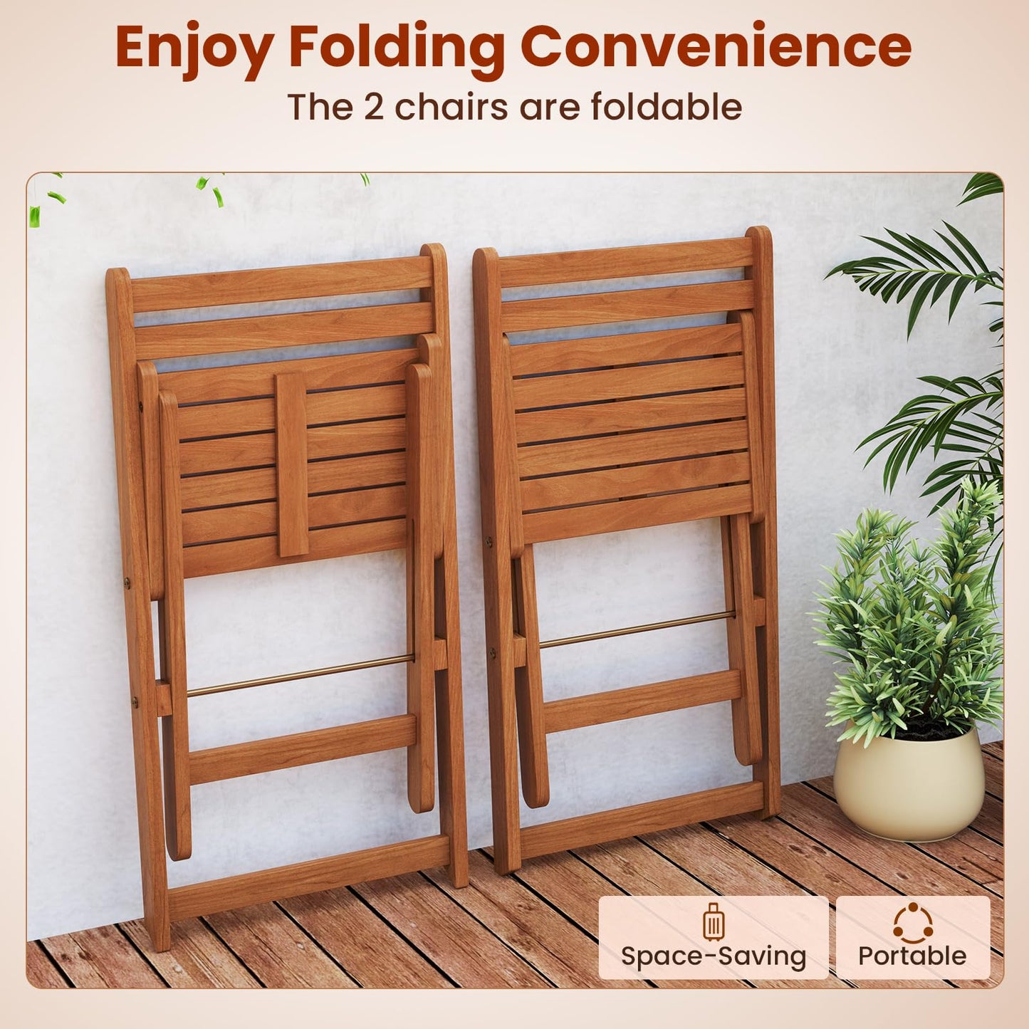 Tangkula 3 Pieces Solid Wood Patio Bistro Set with 2 Folding Chairs