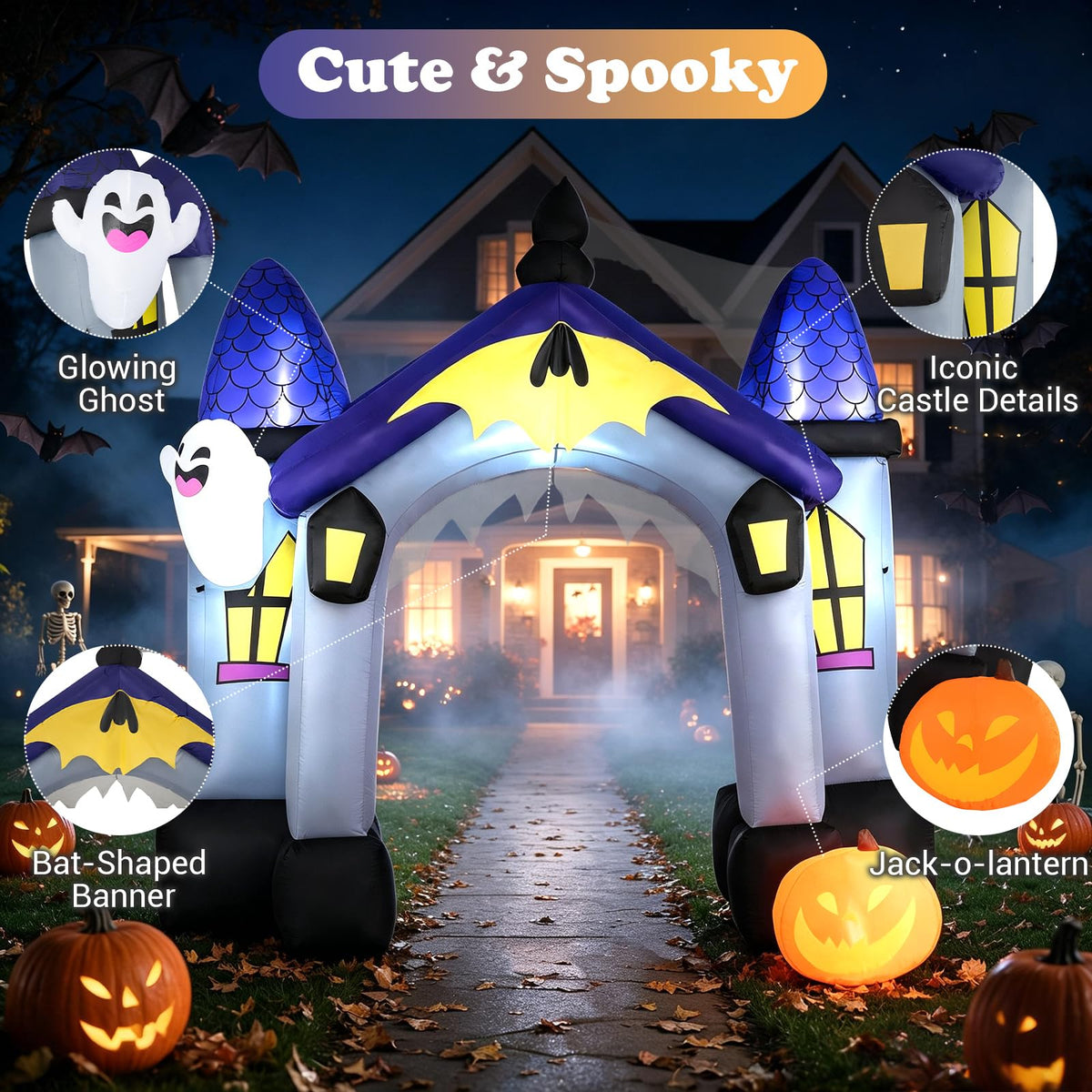 Tangkula 10 FT Halloween Lighted Inflatable Haunted House Castle Archway